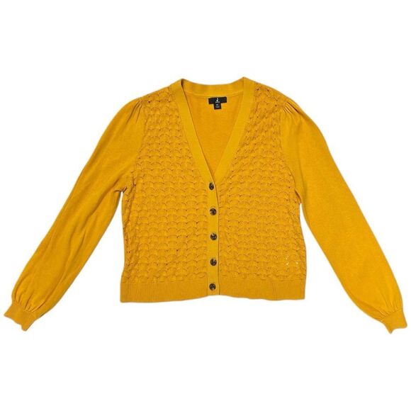 J Jason Wu Pointelle Cardigan Sweater in Sunset Yellow. Size Medium - Picture 1 of 6